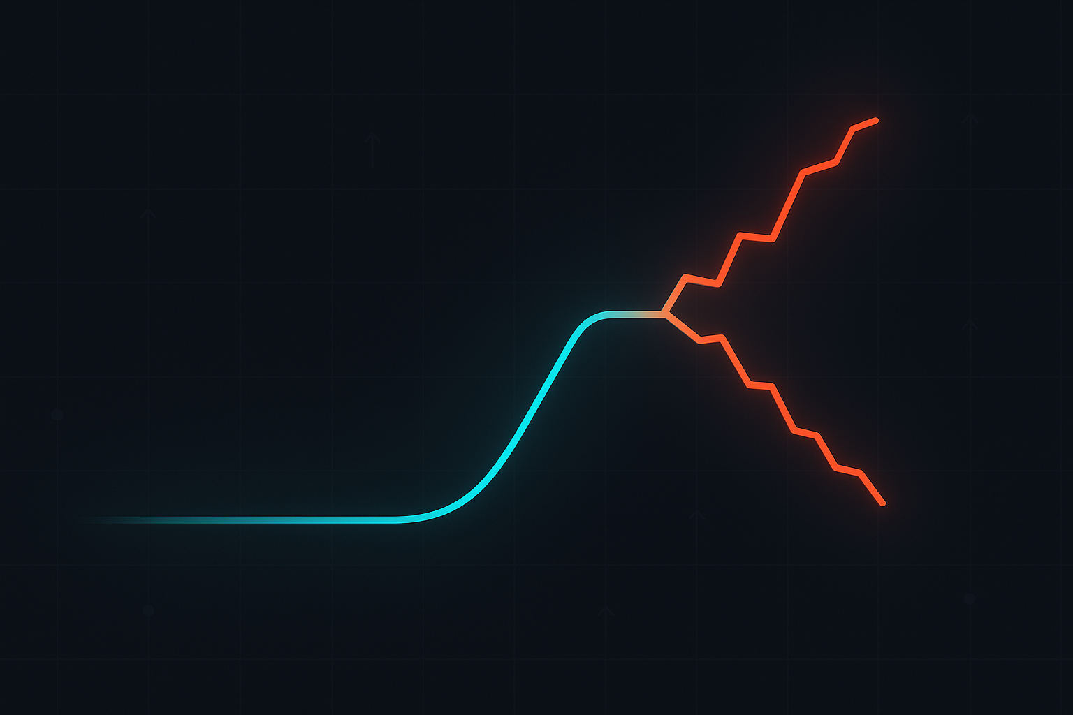 Stylized branching graph where one trajectory rises and another falls after a shared turning point